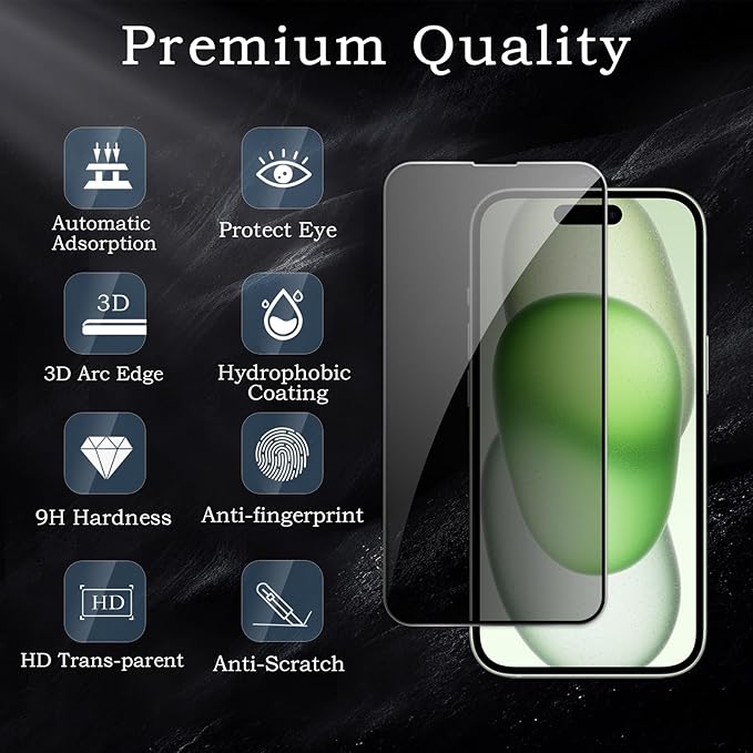 2 Pack Privacy Tempered Glass & 2 Camera protector for IPhone 15 Plus Premium Screen Protector Guard & Camera Lenns Protecor
