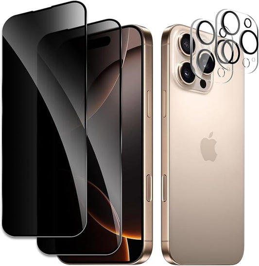 2 Pack Privacy Tempered Glass & 2 Camera protector for IPhone 16 Pro Premium Screen Protector Guard & Camera Lenns Protecor