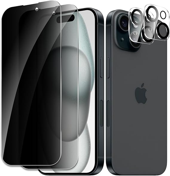 2 Pack Privacy Tempered Glass & 2 Camera protector for IPhone 15 Premium Screen Protector Guard & Camera Lenns Protecor