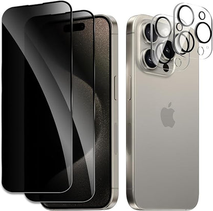 2 Pack Privacy Tempered Glass & 2 Camera protector for IPhone 15 Pro Premium Screen Protector Guard & Camera Lenns Protecor