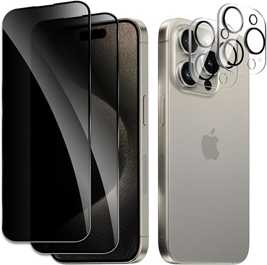 2 Pack Privacy Tempered Glass & 2 Camera protector for IPhone 15 Pro Premium Screen Protector Guard & Camera Lenns Protecor