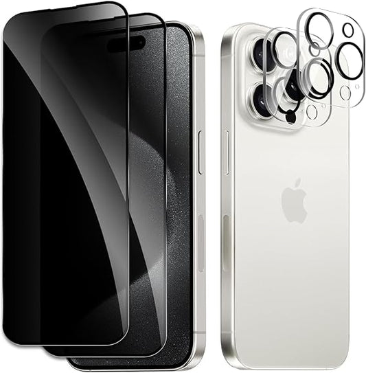 2 Pack Privacy Tempered Glass & 2 Camera protector for IPhone 15 Pro Max Premium Screen Protector Guard & Camera Lenns Protecor
