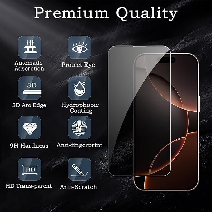 2 Pack Privacy Tempered Glass & 2 Camera protector for IPhone 16 Pro Premium Screen Protector Guard & Camera Lenns Protecor