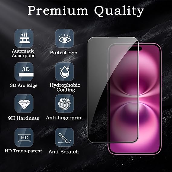 2 Pack Privacy Tempered Glass & 2 Camera protector for IPhone 16 Plus Premium Screen Protector Guard & Camera Lenns Protecor