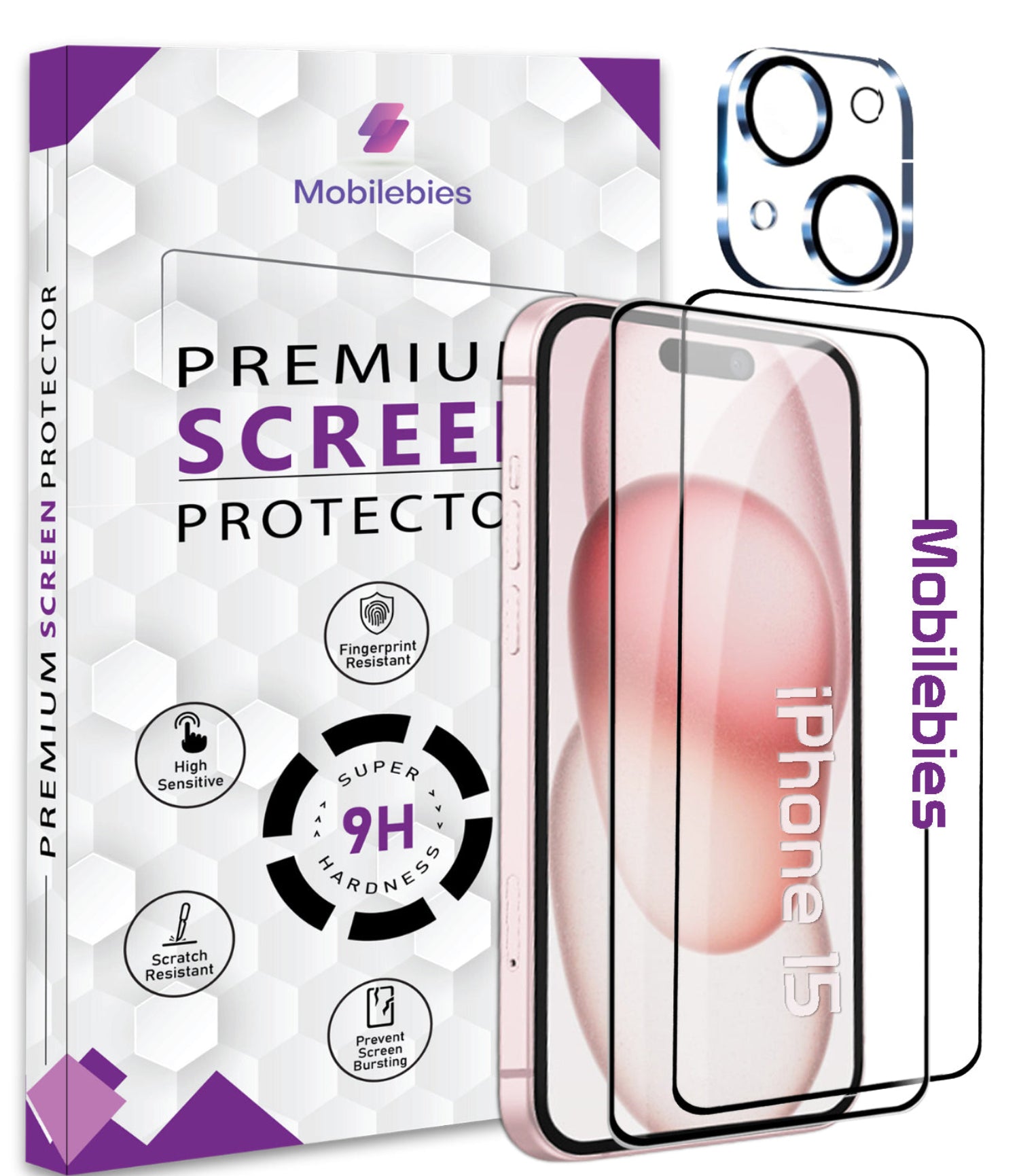 2 Pack Tempered Glass & a Camera protector for iphone 15 Premium Screen Protector Guard & Camera Lenns Protecor Main image