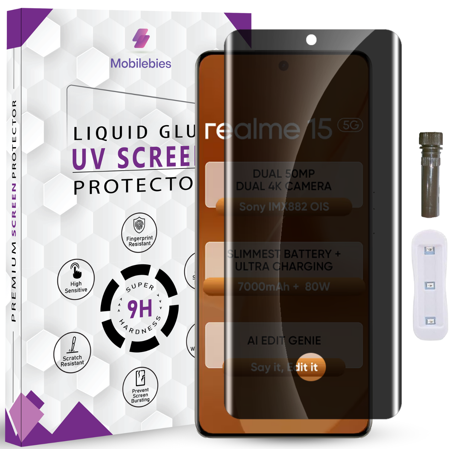 Mobilebies Realme 15 Advanced HD+ UV Privacy Tempered Glass Screen Protector Guard Main image