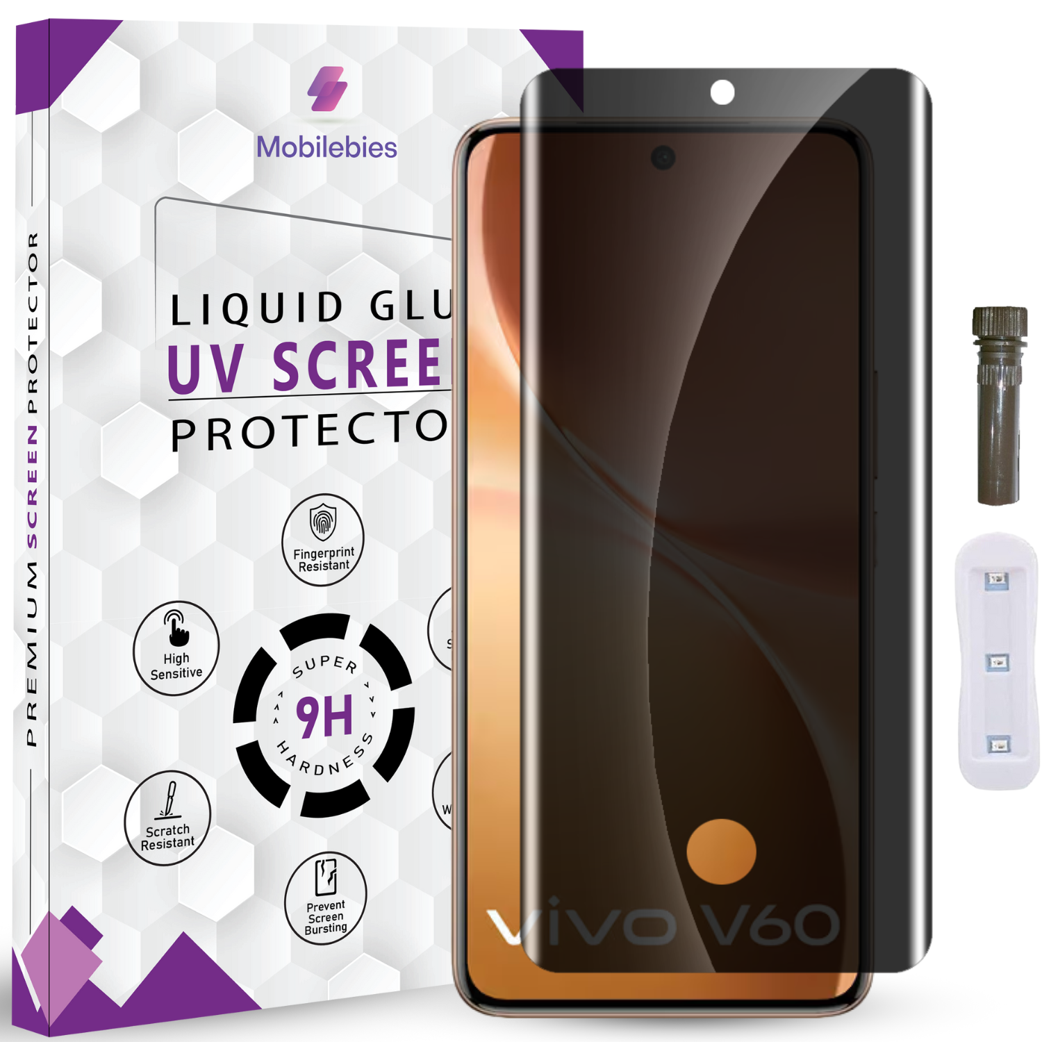 Mobilebies Vivo V60 UV Privacy Tempered Glass Screen Protector Guard Main image